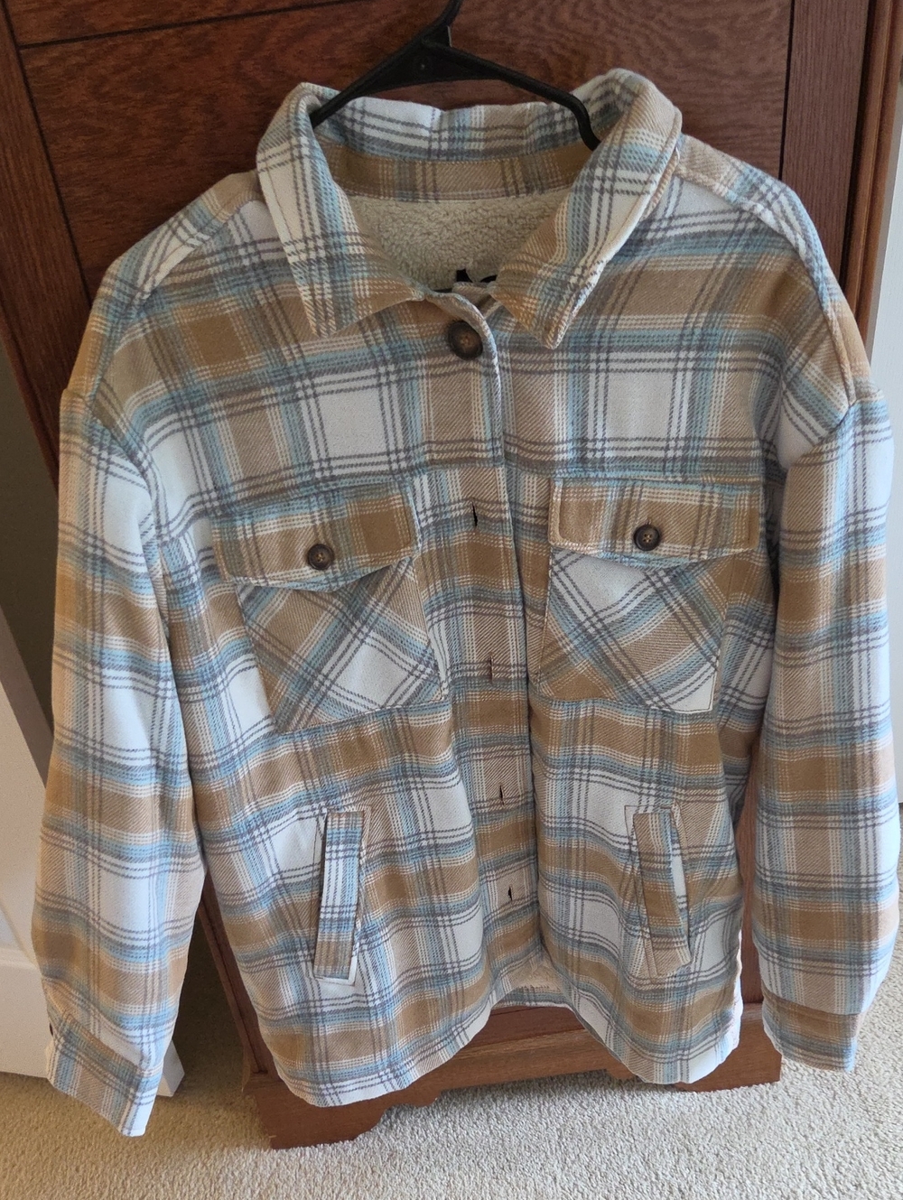 Love Plaid Sherpa-Lined Jean Jacket in Cream, Tan & Blue